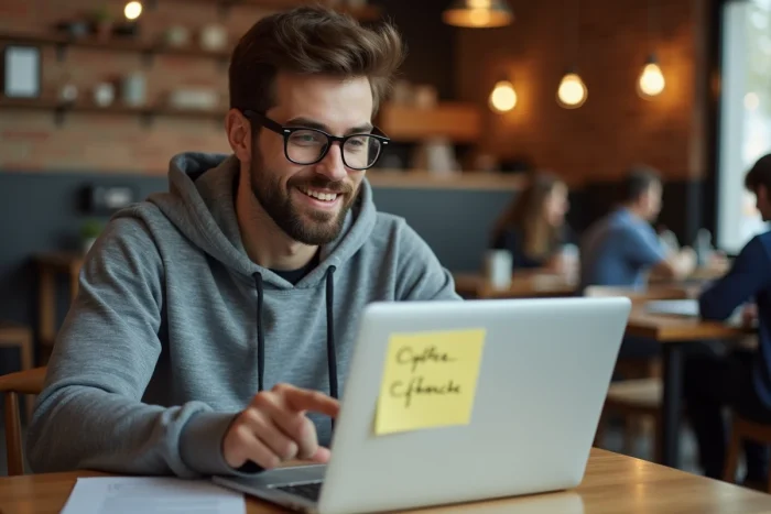 Jeune homme dans un café comparant les conjugaisons je pourrai et je pourrais sur son ordinateur portable avec une note autocollante