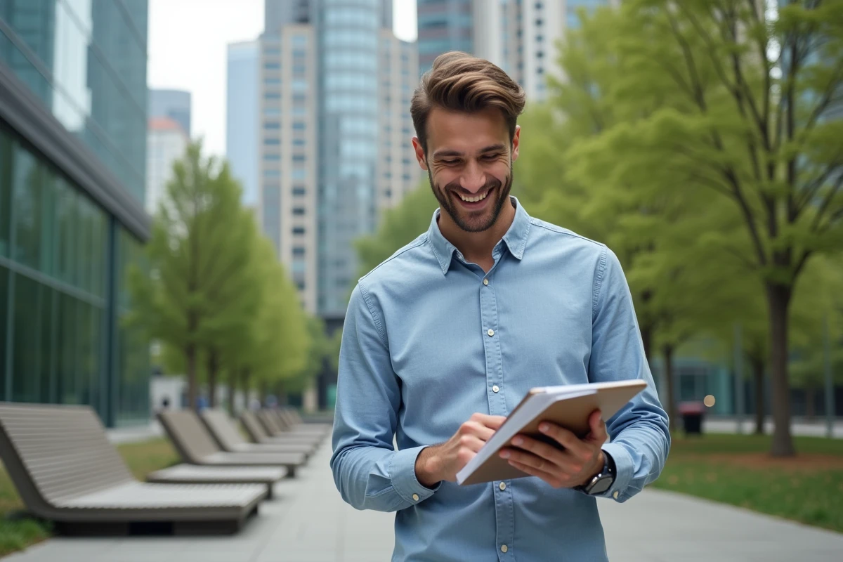 Jeune homme vérifiant ses investissements en plein air