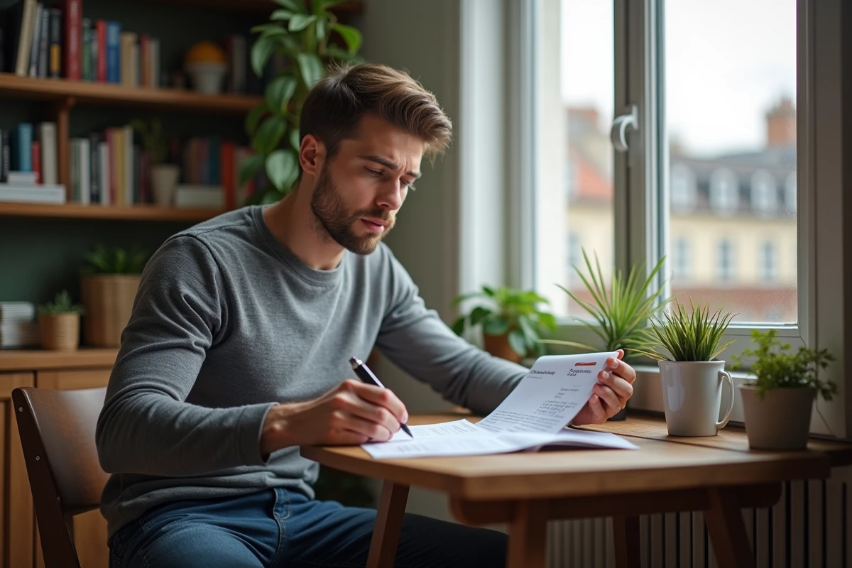 Jeune homme vérifiant ses papiers chez lui