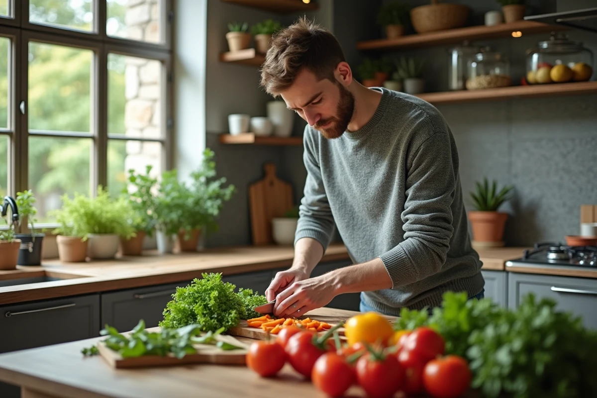 Jeune homme préparant une salade dans une cuisine moderne