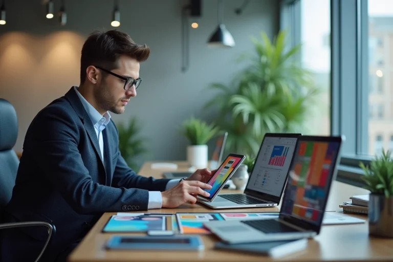 Jeune professionnel en tech travaillant sur une tablette dans un bureau moderne