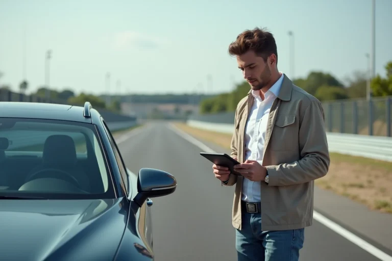 Jeune journaliste automobile prenant des notes à côté d'une voiture moderne