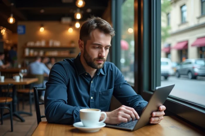 Homme consultant des journaux gratuits en PDF sur une tablette dans un café urbain