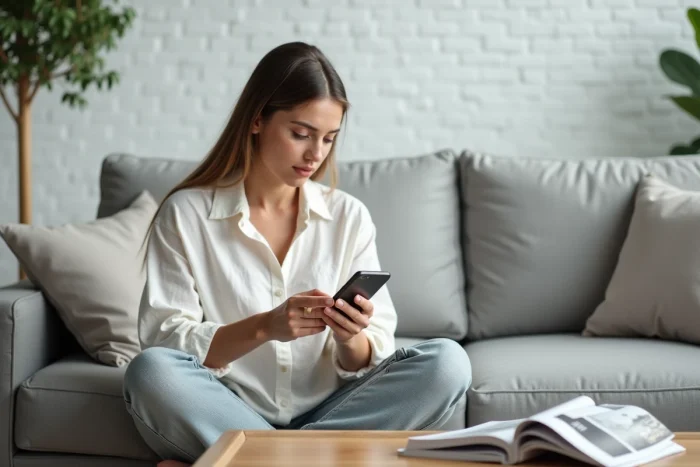 Femme lisant un magazine téléchargé gratuitement en PDF sur son smartphone dans un salon moderne