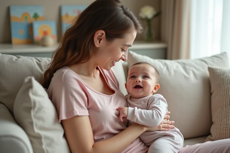 Jeune maman souriante avec bébé dans un salon chaleureux