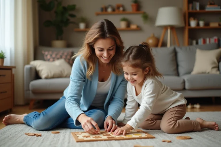 Maman et fille assemble un puzzle dans un salon chaleureux