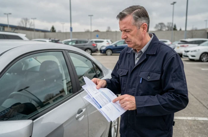 Mécanicien pointant le code couleur sur une carte grise devant un véhicule dans un parking