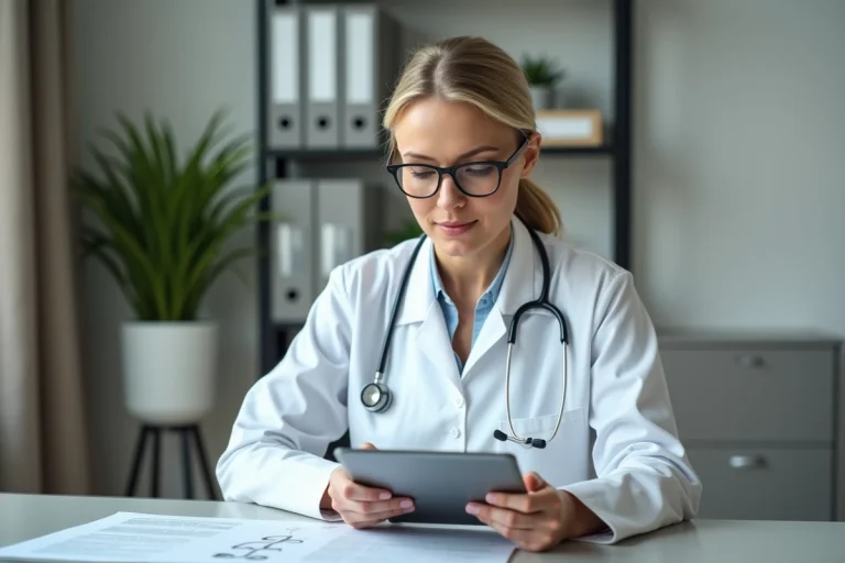 Médecin femme consultant des actualités santé sur une tablette dans un cabinet médical moderne