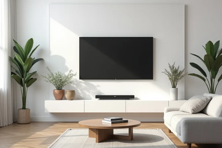 Salon moderne avec miroir positionné face à une télévision murale, reflet et décoration minimaliste scandinave