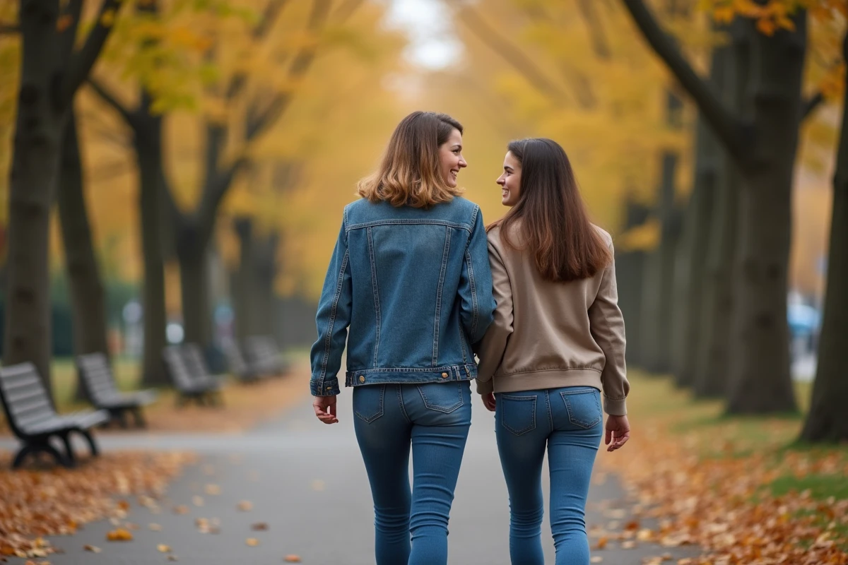 Mère et fille marchant dans un parc en automne