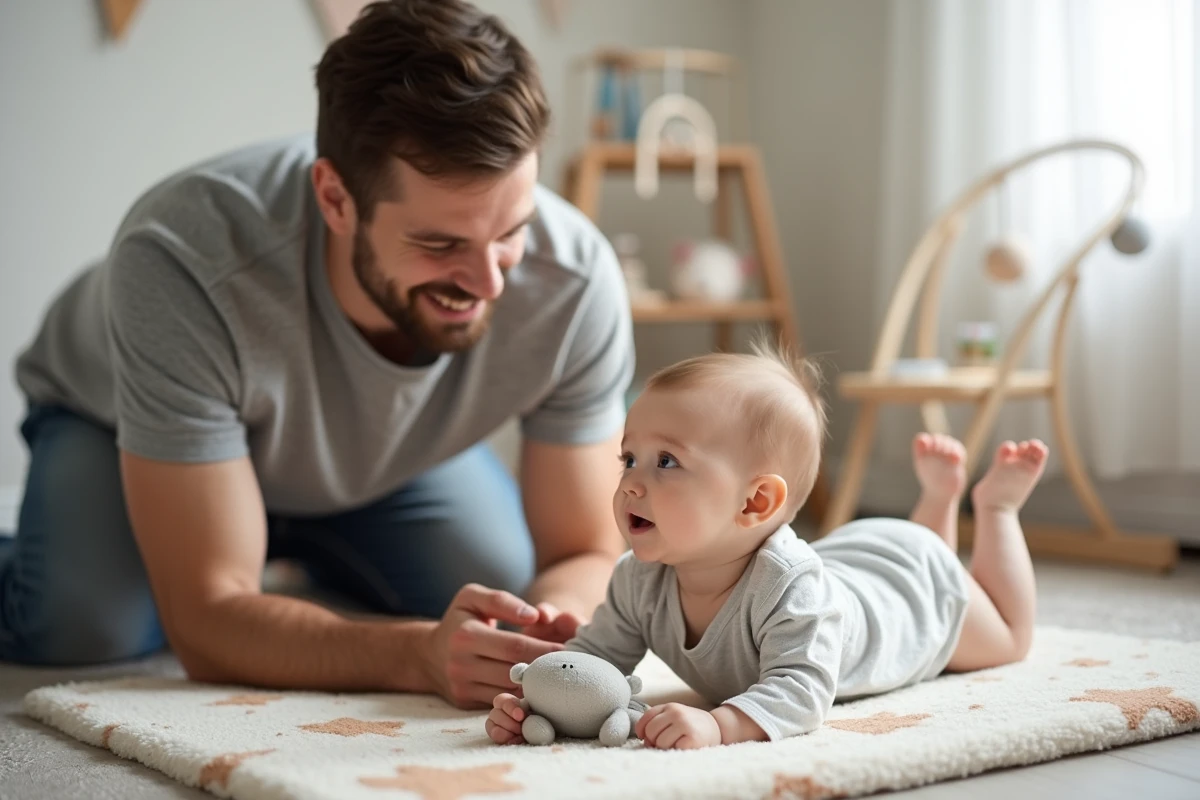 Père encourageant bébé lors du tummy time dans la nurserie