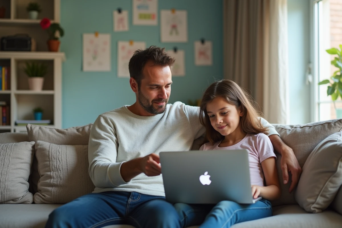 Père et fille discutant du contrôle parental sur un sofa