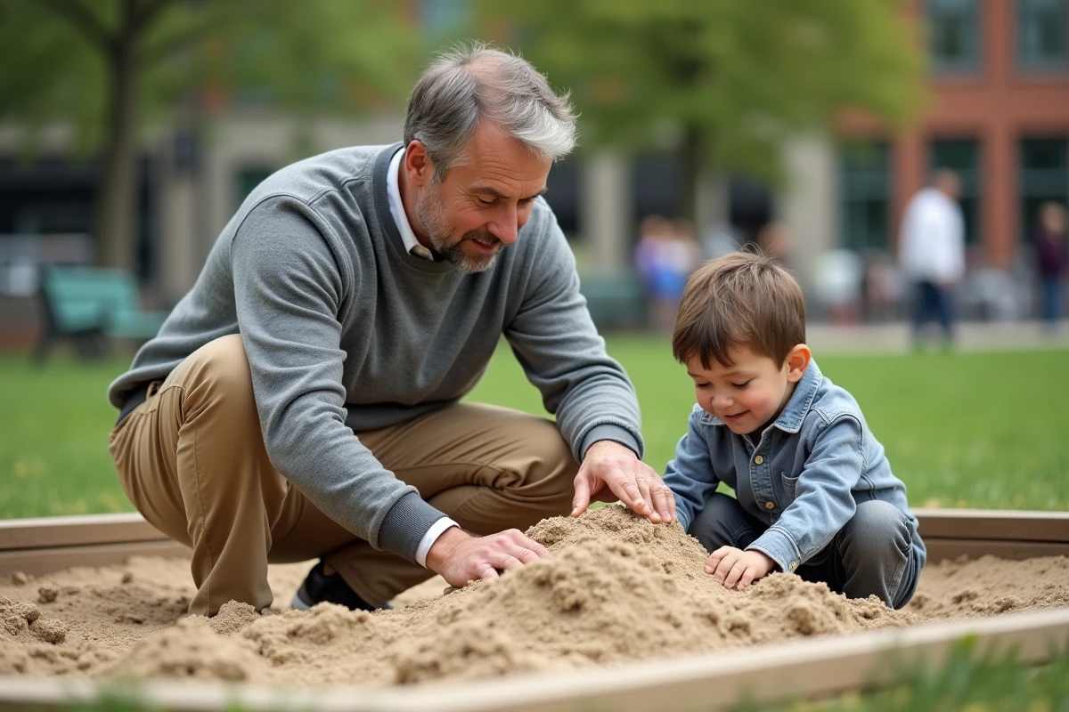 Pere et fils jouent dans un parc avec un château de sable