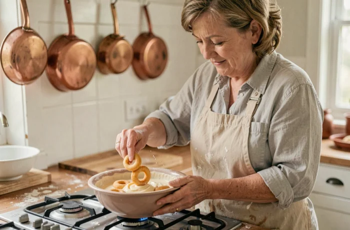 Femme préparant des beignets aux pommes en trempant des rondelles de pomme dans la pâte dans une cuisine traditionnelle