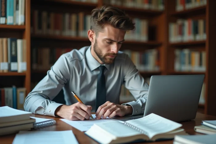 Étudiant préparant l'oral du concours CPE en révisant des fiches et documents dans une bibliothèque universitaire