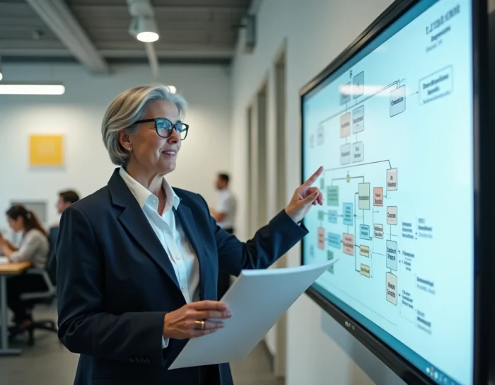 Femme cadre présentant un organigramme de décentralisation devant un écran numérique dans un bureau officiel