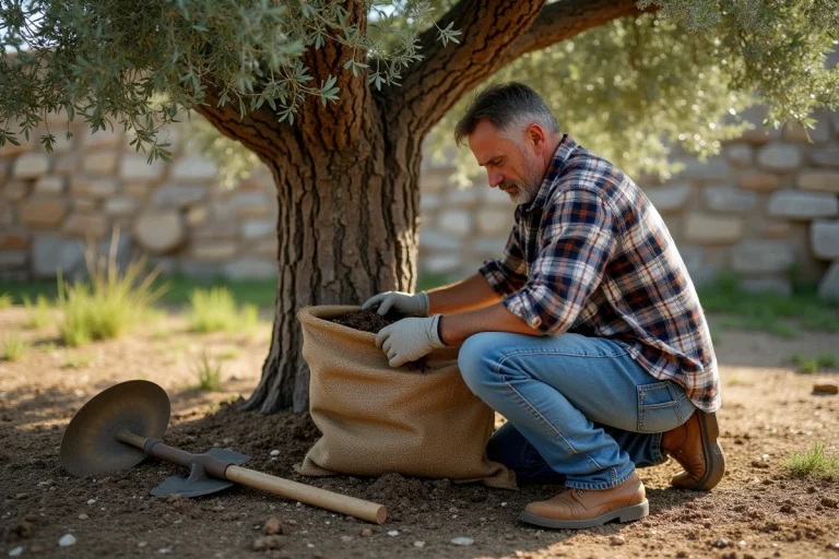 Homme en jeans replantant un olivier mature dans un jardin