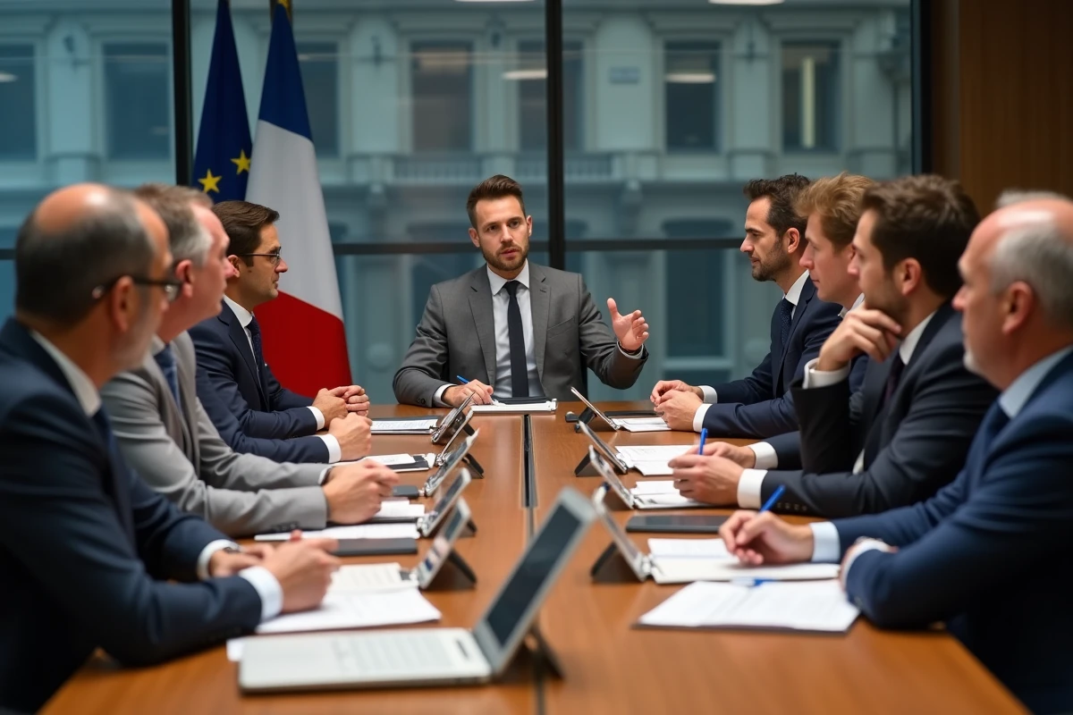 Groupe de personnes en réunion dans une salle moderne
