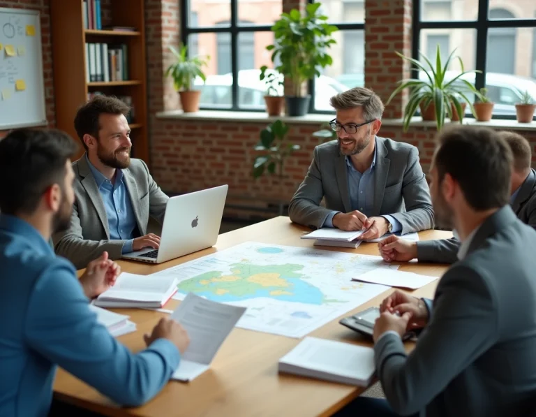 Groupe de professionnels discutant de décentralisation autour d'une table avec cartes régionales et ordinateurs portables