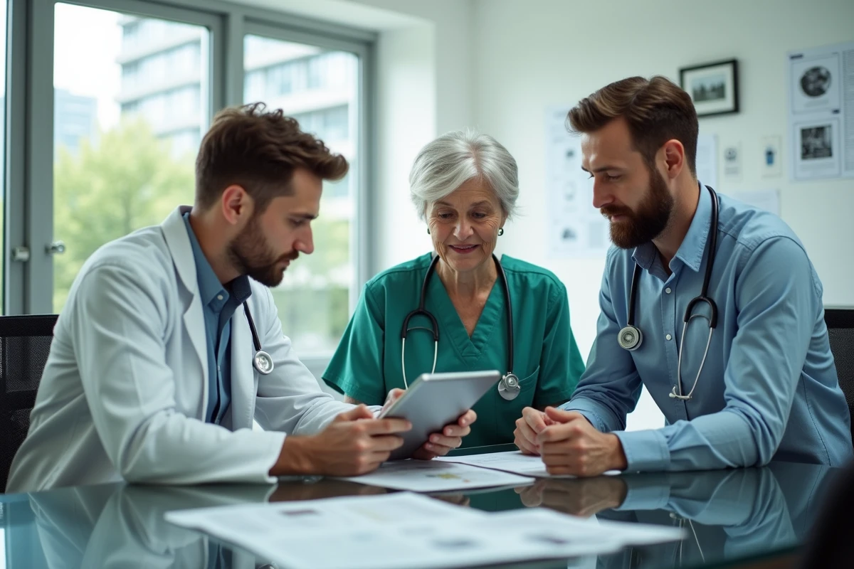 Trois professionnels de santé discutent autour d une table de brochures