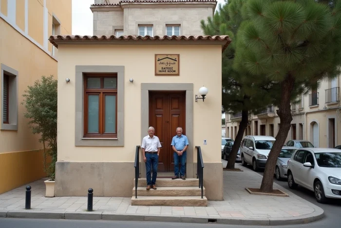 Salle de prière islamique dans un immeuble résidentiel de Bastia en Corse, avec deux hommes discutant devant l'entrée