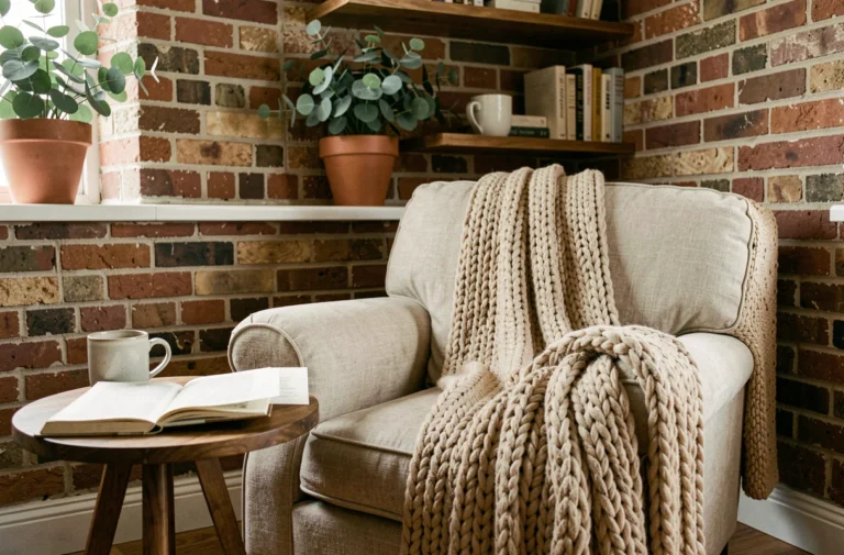 Coin salon cosy avec fauteuil en lin, plaid en laine chunky et plantes vertes pour créer une atmosphère cocon à la maison