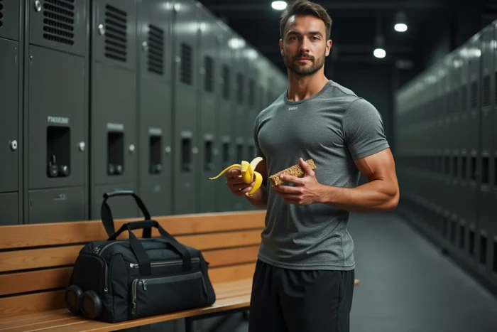 Sportif tenant une barre de céréales complètes et une banane dans un vestiaire de salle de sport avant l'entraînement