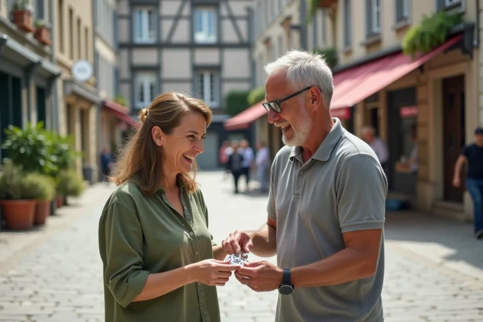 Deux collègues riant ensemble lors d'une activité de team building en plein air sur une place historique de Rennes