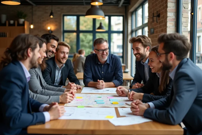 Groupe de professionnels participant à un atelier de team building autour d'une table en bois dans un espace de coworking à Rennes