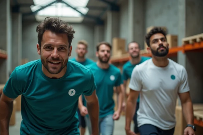 Équipe d'employés concentrés sur un défi de team building dans un entrepôt industriel aménagé à Rennes