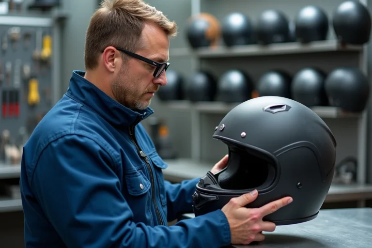 Technicien inspectant un casque moto en atelier moderne