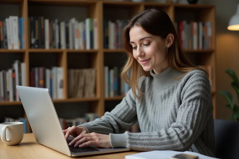 Jeune femme téléchargeant des magazines gratuits en PDF sur son ordinateur portable dans un bureau à domicile