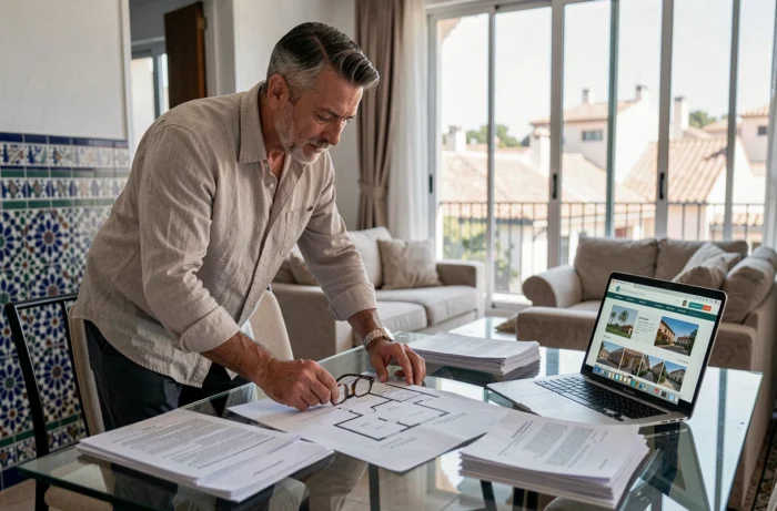 Homme examinant des documents et un plan d'appartement à vendre à Guéliz, Marrakech